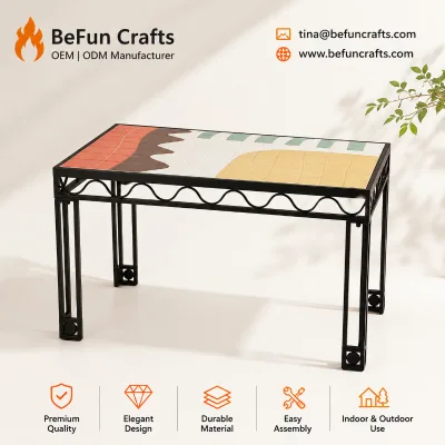 Modern Mosaic Tile Top Outdoor Coffee Table Decorative Metal Garden Patio Table with Iron Frame Unique Mosaic Tile Design