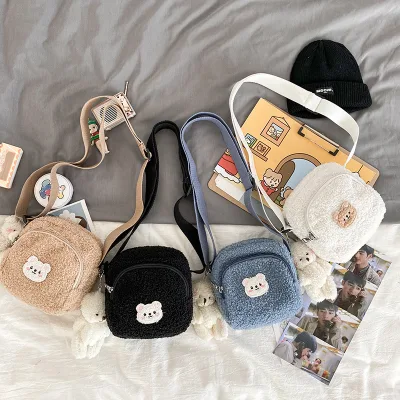 Cute Bear Print Women Small Plush Shoulder Bag Lamb Like Fabric Crossbody Bags Ladies Cloth Zipper Purse Mobile Phone Handbag