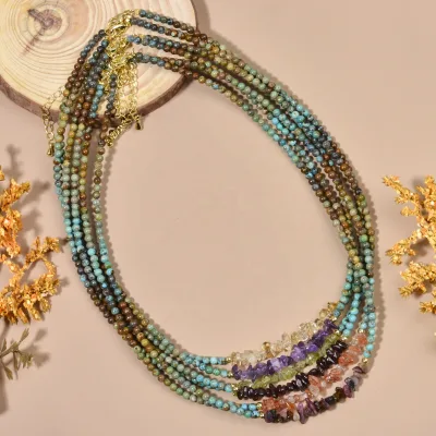 Wholesale Natural Stone Mixed Color Hubei Turquoise Beads and Tourmaline Chips Necklace Boho Jewelry for Women Friendship Gift