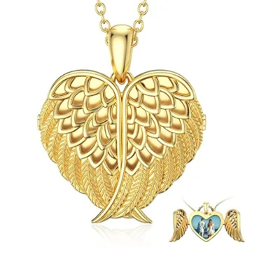 Sterling Silver Angel Wing Heart Locket Necklace Holds Picture Photo Locket Pendant