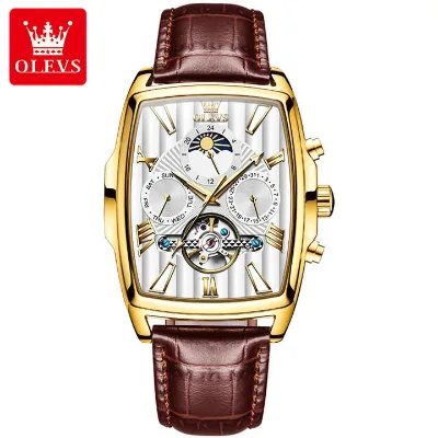 OLEVS 6675 Mechanical Fashion Square Watch Men Gift Genuine Leather Watchband Barrel-dial Week Display Calendar