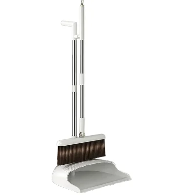 Broom and Dustpan Set with Long Handle Stainless Steel Plastic Upright Stand PET PP Head with Teeth for Home Use