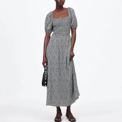Casual Summer Cotton Linen Midi Dress with Floral Print Smocked Puff Sleeves Ruffles-ODM Supply Eco-Friendly Natural Waistline