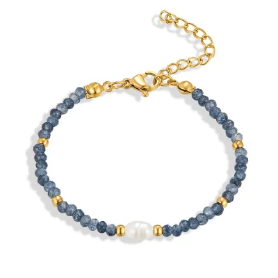 925 Sterling Silver Natural Gemstone Navy Sodalite Pearl Bead Bracelet