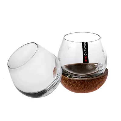 Creative Brandy Snifter Wine Tumbler Holder Roly-Poly Design Slow Roll Spherical Rock Glass Transparent Wooden Business Gift