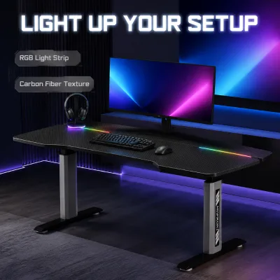 AOR Gaming Desk Adjustable Height Carbon Fiber Surface Metal Frame Headphone Hook Multi-Functional Durable MDF Factory Wholesale