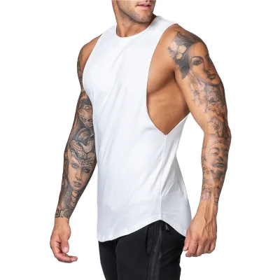 Men's Summer Fitness Vest-Loose Formal Printed Knitted Polyester/Cotton Blank Design Front Logo Plus Size Breathable & Quick Dry