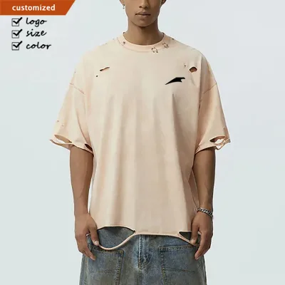 Summer High Quality Streetwear Solid Color Ripped Short Sleeve Oversized Hip Hopt Shirt Acid Wash