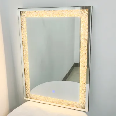 Crystal Crushed Diamond LED Luminous European Style Square Bathroom Mirror Silver Glass Lighted Vanity Mirror Touch Mirror