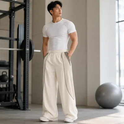 Gym Joggers Pants Men Baggy Loose Fit Wide Leg Training Trousers 88% Polyester 12% Spandex Elastic Waist Casual Workout Pants