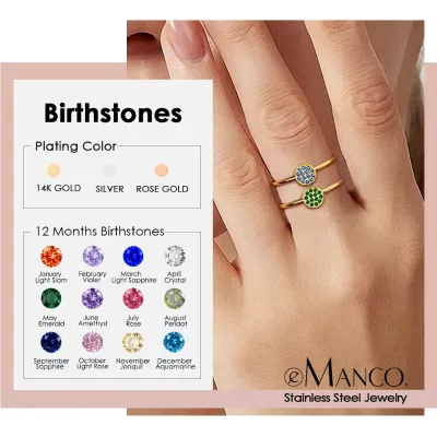 EManco Classic 5MM Stainless Steel Finger Ring with 14K Gold PVD and Colorful Zircon Birthstone for Party 12 Months Collection