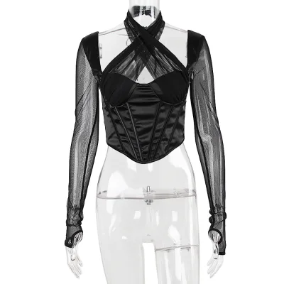 Summer Halter Neck Slim Sexy Mesh Cross Hanging Neck Hollow Backless Irregular Waistless Tops for Women