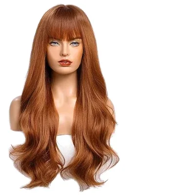 European American Women's Wig with Body Wave Style Brown Gray Air Bangs Long Curly Hair and Short Hair Headgear
