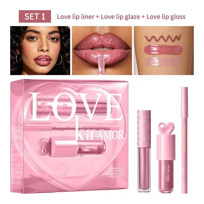 Heart-Shaped Lip Makeup 3-Piece Set Pink Transparent Box Heart-Shaped Lip Glaze + Lip Gloss + Lip Liner