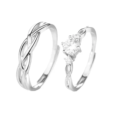 S925 Sterling Silver Engagement Wedding Ring Set Adjustable Size with Zircon Inlay for Men Women for Parties Gift Giving