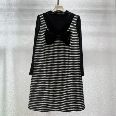 Fashion Office Lady Dress Elegant Black Bow Knot Strip Midi Dresses for Women