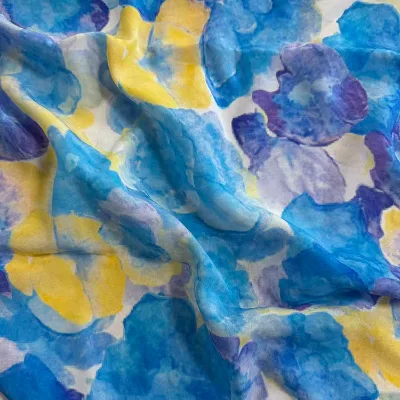 Custom Silk Printed Crepe De Chine Fabric 16mm Blue and Yellow Printed Small Flowers
