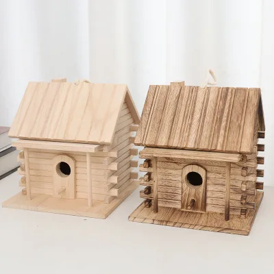 Two-tone Small House Bird Nest Parrot Cage Accessory Wooden Bird Nest Outdoor Garden Bird Feeder Solid Wood Hummingbird Nest