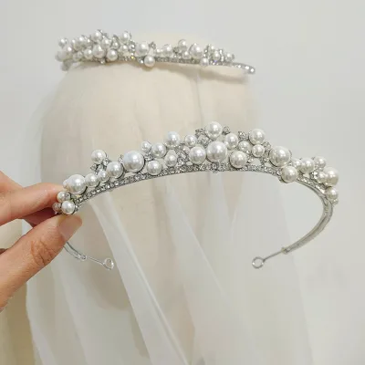 Korean Pearls Wedding Tiaras Headpiece Sparkling Bridal Headbands Brides Hair Accessories Evening Headwear