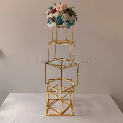 Factory Direct 5pcs Gold Flower Rack Centerpieces Squares Flower Stand for Wedding Decoration