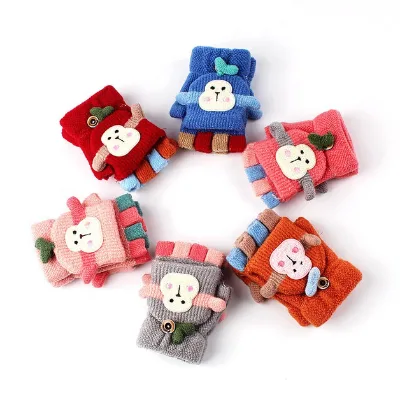 Cute Kids Knitting Pattern Gloves Winter Warm Convertible Breathable Outdoor Sports Stretchy Half Finger Mittens