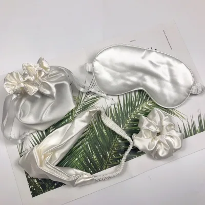 Pearl White Faux Silk Satin Eye Mask Set With Headband Gift Bag and Hair Scrunchies for Wedding Souvenir