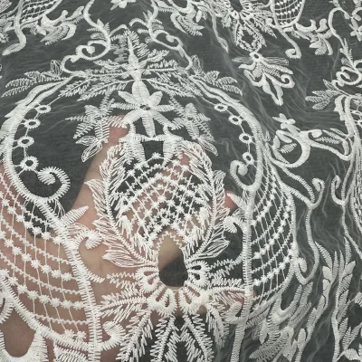2024 Embroidery Tissue Fabric Polyester Ivory Floral Swiss Lace Fabric for Wedding Dress