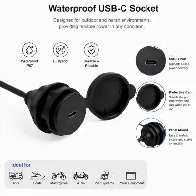 USB Type-C Flush Mount Socket Waterproof 3A 1M Cable ABS with Cap Single Hole for Car Boat Motorcycle Dashboard Marine
