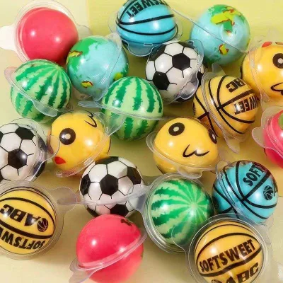 Manufacturer Hot Selling Halal Fruit Flavor Big Ball Shape Football Pattern Bubble Gum Filled Jam Candies and Sweets