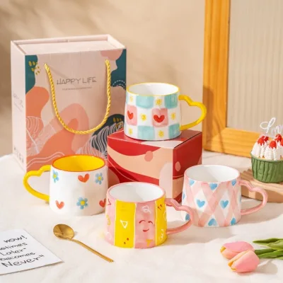 Hand-painted Heart-Pattern Cup Cute Ceramic Afternoon Tea Cup and Coffee Mug