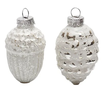 White Glitter Pine Cone Shaped Glass Christmas Ornaments for Xmas Tree Hanging Holiday Party Home Decoration