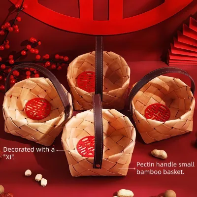 Eco-Friendly Wedding Favor Bamboo Basket Leather Handle DIY Creative Candy Nut Snack Storage Gift Box for Holiday Party Souvenir