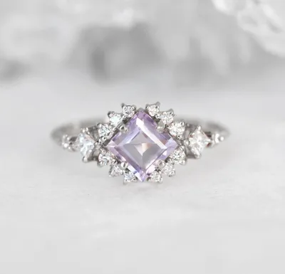 Graceful S925 Rose Gold Plated Diamond Shaped Lavender Amethyst With Multi CZ Engagement Wedding Rings