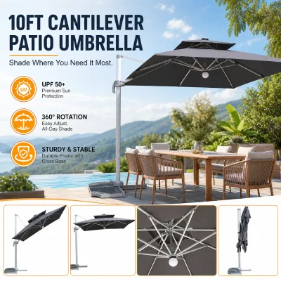 Mefo Garden Double Canopy Modern Design Aluminum Cantilever Shade Umbrellas with Solar LED Lights Eco-Friendly Outdoor