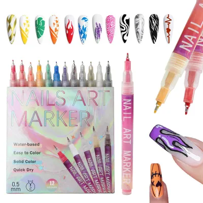 Waterproof 12Colors 0.5mm  Nail Art Markers Nail Art Pens SetDiY Nail Art Marker Drawing Painting Liner Pen for Drawing Painting