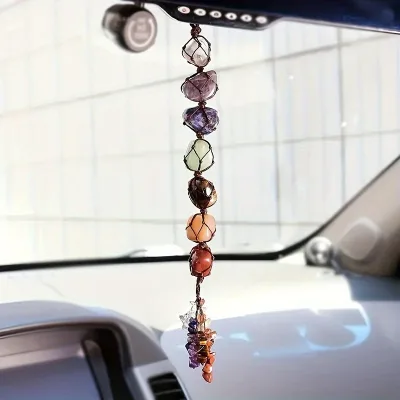 Hot Sale Natural Crystal Seven-color Rolling Stone Car Hanging Hand-woven Stone Shape Net Pocket Pendant Wholesale