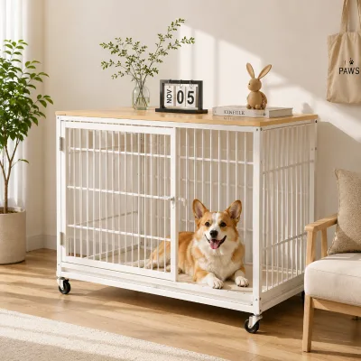 Large Breed Dog Crate Furniture Sturdy Stainless Steel Frame Solid Pet House Lockable Door Caster Wheels Water Resistant