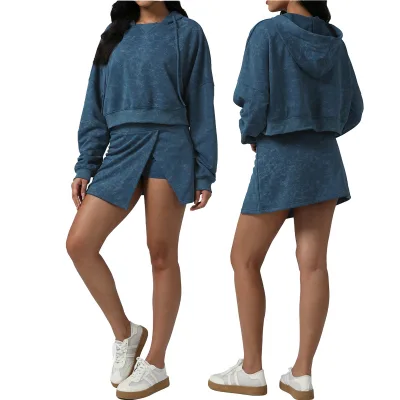 Custom Logo Women Winter Marble Wash Activewear Loose Fit Hoodie Drawstring Sweatshirt & Skort 2-piece Set