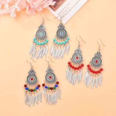 Women Drop Earrings Geometric Earrings Ethnic Silver Alloy Red Green Colorful Acrylic Beads Silver Leaf Tassel Dangle Earrings