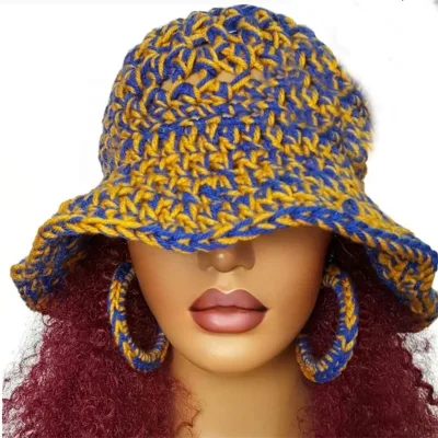 Sigma Gamma Rho Sorority Blue Yellow Chunky Crochet Floppy Wide Brim SGRho Sun Hat Knitting Women's Bucket Hat