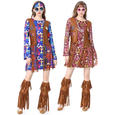 Wholesale Women's Echo 60s 70s Hippie Tassel Four-Piece Set Retro Hip-Hop Cos Skirt European American Bohemian Dresses Halloween