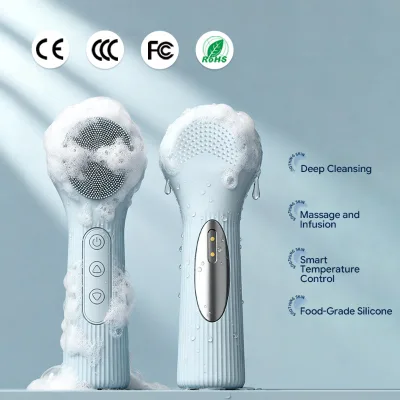 Heating Ultrasonic Silicone Facial Cleansing Brush IPX7 Waterproof Food-Grade Battery Powered Portable Pore Cleaner