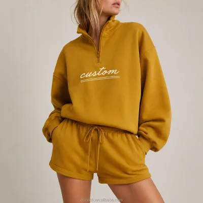 Custom Womens Quarter Zip Mock Neck Sweatshirt and Shorts 2 Piece Set 100% Cotton Vintage Print Retro Women Sweatshirt Tracksuit