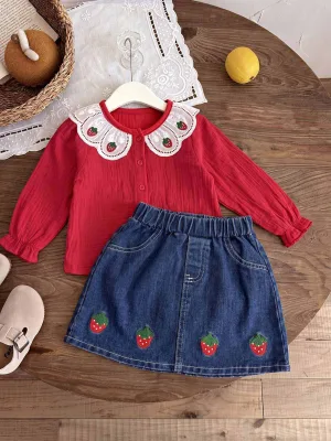 2026 New Cross-border Girls' Ruffled Collar Long Sleeves Stitching Top + Denim Strawberry Embroidered Skirt Two-piece Set Soft