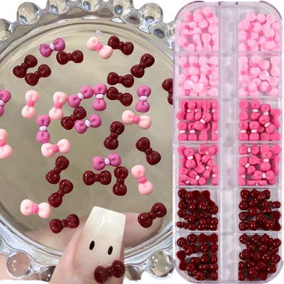 60/120pcs Pink Cartoon 3D Bow Tie Bowknot Resin Nail Art Decoration 12 Grids Mini Ribbon Bow DIY Accessories Bling Bling