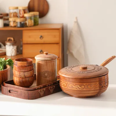 Wood Covered Bowl, Solid Natural Bamboo Serving Bowl with Lid for Food Storage
