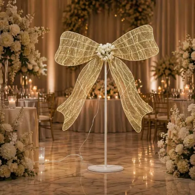 Luxurious Durable Yellow Fairy Light LED Bow Floor Lamp Wedding Party Event Decoration Luminous Mesh Ribbon Standing Centerpiece