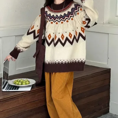 2025 Autumn New Fashion Fair Isle Retro Jacquard Knit Pullover Top for Girls Casual Style Available in Medium & Large Sizes