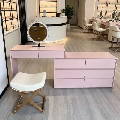 Luxury Pink Vertical Vanity Cabinet Multiple Drawers Durable Gold Metal Stool Eco-Friendly Salon Furniture for Makeup Nail Art