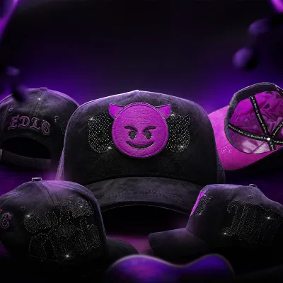Premium Cotton Suede Baseball Cap Purple Devil Face Embroidery Patch Crystal Rhinestone Gothic Letter Logo Satin Lining Snapback
